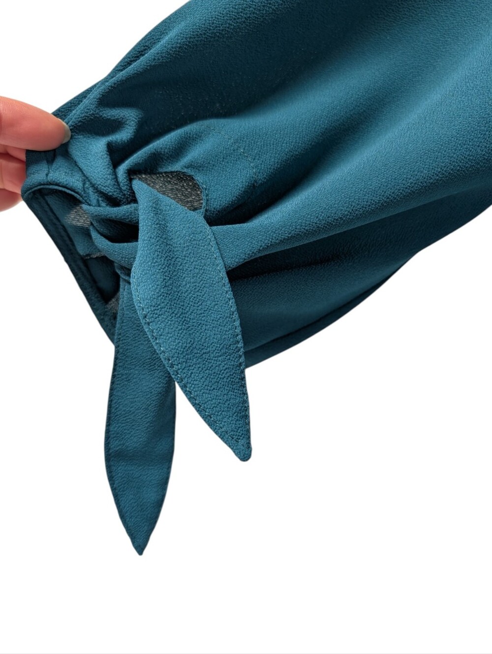 She + Sky Teal V-Neck Tie Sleeve Blouse Women's Large Flowy Long Sleeve Top - Picture 5 of 7